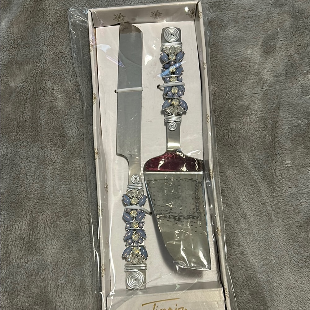 Silver and Blue Cake Knife and Server Set